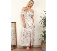 Love Sunshine White Rose Printed Frill Bardot Maxi Dress White 10