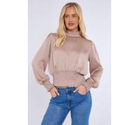 Love Sunshine Women's Creased Satin Shirred Waist Cropped Top in Beige | Size: Medium Love Sunshine Beige M