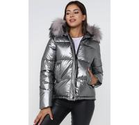 Love Sunshine Women's Metalic Puffer Jacket with Faux Fur on Hood in Grey | Size: 8 Love Sunshine Grey 8