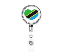 Love Tanzania Flag Tanzanian Heart Heavy Duty Metal Badge Holder Reel, Retractable Badge Holder with Belt Clip for Key Name Card Holder Employee Teacher 1