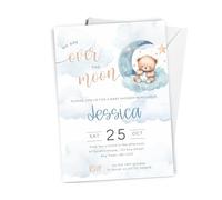 Love To Cherish 10 Personalised Baby Shower Invites - Blue Over The Moon Teddy Bear Invites with Envelopes, Gender Neutral Boy Shower Theme A6