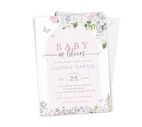 Love To Cherish 10 x Personalised Baby In Bloom Baby Shower Invites - Pink Arch with Spring Flowers - with Envelopes, Purple Floral Baby Girl or Boy Shower Theme A6