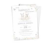 Love To Cherish 10 x Personalised Blue Little Bunnies Baby Shower Twin Invites - Little Bunnies Are On The Way Theme Shower - with Envelopes, Blue Floral Twin Baby Boy Theme A6