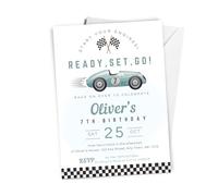 Love To Cherish 10 x Personalised BLUE Vintage Racing Car Party - Birthday Invitations with envelopes, Ready, Set, Go! Racing Car Themed Party Invites