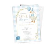 Love To Cherish 10 x Personalised Boy's ONE Silly Goose Birthday Party Invitations with envelopes, BLUE Boys 1st Birthday Invites, Goose Theme Party Invites