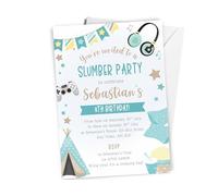 Love To Cherish 10 x Personalised Boy's Slumber Party Birthday Invitations with envelopes, Blue Pyjama Party Birthday Invites, Boy's PJ Sleepover Themed Invites, Teepee Sleep Invite