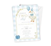 Love To Cherish 10 x Personalised Boy's TWO Silly Goose Birthday Party Invitations with envelopes, BLUE Boys 2nd Birthday Invites, Goose Theme Party Invites