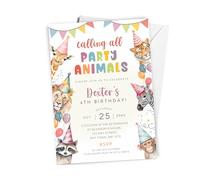 Love To Cherish 10 x Personalised Calling All Party Animals Birthday Party Invitations with envelopes, Animal Themed Birthday Invites, Fun Colourful Boys or Girls Invites