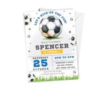 Love To Cherish 10 x Personalised Football Birthday Party Invitations with envelopes, Blue & Yellow Sports Themed Birthday Invites, Soccer Themed Invites