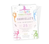Love To Cherish 10 x Personalised Gymnastics Birthday Party Invitations with envelopes, Girl's Colourful Themed Gymnast Birthday Invites, Gymnastic Themed Birthday Invitation
