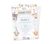 Love To Cherish 10 x Personalised Let's Paw-ty! Birthday Party Invitations with envelopes, Boys or Girls Dog Themed Birthday Invites, Colourful Dog Theme Invites