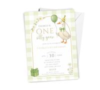 Love To Cherish 10 x Personalised ONE Silly Goose Birthday Party Invitations with envelopes, GREEN Girl's or Boy's 1st Birthday Invites, Goose Theme Party Invites Unisex