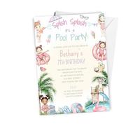 Love To Cherish 10 x Personalised Pink Pool Party Birthday Invitations with envelopes, Girl's Summer Swim Theme Birthday Invites, Swimming Themed Invites