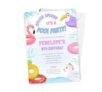 Love To Cherish 10 x Personalised Pool Party Birthday Invitations with envelopes, Girl's Summer Swim Theme Birthday Invites, Swimming Inflatables Themed Invites