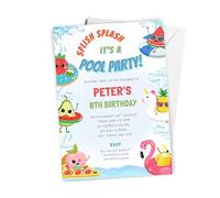 Love To Cherish 10 x Personalised Pool Party Birthday Invitations with envelopes, Summer Fruit Inflatables Swim Theme Birthday Invites, Swimming Themed Invites