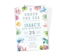 Love To Cherish 10 x Personalised Under The Sea Birthday Party Invitations with envelopes, Ocean Themed 1st Birthday Invites, Cute Sea Creatures, Swim Party