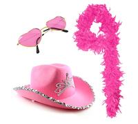 Love Tour Accessory Set - Pink Cowboy Hat with Tiara, Hot Pink Feather Boa, Heart-Shaped Sunglasses - Adults Pop Icon Concert Fancy Dress Costume