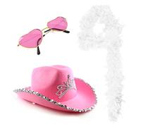 Love Tour Accessory Set - Pink Cowboy Hat with Tiara, White Feather Boa, Heart-Shaped Sunglasses - Adults Pop Icon Concert Fancy Dress Costume