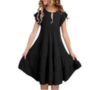 Love Triangle Summer Dresses for Girls, Double Layer, Fluttering Sleeves, Flowing A-Line Dress, Casual Midi Dress with Gradient Girls with Blouse, black, 12-13 Years