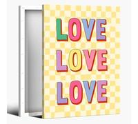 Love Typography Wall Art Print - Colorful Block Letters on Pastel Checkered Background Retro Quote Poster for Bedroom Living Room Decor 20x30cm Framed