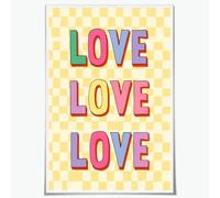 Love Typography Wall Art Print - Colorful Block Letters on Pastel Checkered Background Retro Quote Poster for Bedroom Living Room Decor 60x90cm Unframed
