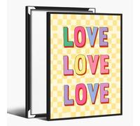 Love Typography Wall Art Print - Colorful Block Letters on Pastel Checkered Background Retro Quote Poster for Bedroom Living Room Decor 40x60cm BlackFramed