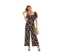 Love Welove Fashion Summer Jumpsuits for Women 2025 Floral Dressy Casual Loose Wide Leg Short Sleeve One Piece Romper Outfits, Black Plum Blossom, XL