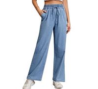 Love Welove Fashion Wide Leg Jeans for Women Elastic High Waisted Pull On Drawstring Baggy Denim Pants Plus Size 3XL, Light Weight Light Blue, Large