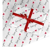 Love You Heart Wrapping Paper - Wedding Anniversary Birthday Valentines Day Gift Wrap for Couples Women and Men - Red Heart and Black Script Design Present Paper Made in the UK - 6 Sheets (50x70cm)