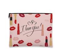 Love You Makeup Bag, Peach Lipstick and Kiss Print Cosmetic Travel Pouch for Women, Portable Small Canvas Zipper Organizer, Valentine's Day Gift Toiletry Bag, Peach, 7x9 Inch, Lipstick