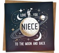 Love You Niece To The Moon and Back Greeting Card - Space Astronaut Design - 145mm x 145mm Square - Includes Kraft Envelope - Cute Celestial Niece Card for Birthday, Encouragement or Just Because
