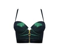 LOVE YOU SEXY Women's Faux Leather Balconette Bra with Front Open Zip, black green bra, 32B