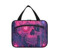 Love You to Death Skull & Pink Heart Hanging Travel Cosmetic Bags for Women with Hook, Designer Portable Quilted Makeup Bag for Men Work maleta para maquillaje L