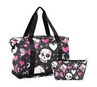 Love You To Death Skull & Pink Heart Overnight Travel Duffel Bag Overnight Carry On Tote and Luggage with Hiking Cosmetic Bag Multifunctional, Love You To Death Skull and Pink Heart, 1 size, Love You