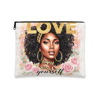 Love Yourself Makeup Bag, Floral Vintage Cosmetic Pouch for Women, Portable Canvas Zipper Organizer, Everyday Skincare Toiletry Bag, White, 7x9 Inch, Love