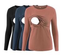 Love2Mi Pack of 3 Women's Long-Sleeved Nursing Tops with Double Layer, Black/Royal Blue/Copper Red, S