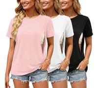 Love2Mi Set of 3/4 Nursing Shirts with Hidden Zip Breastfeeding Opening Short Maternity Top Breastfeeding T-Shirt for Pregnant Women, White/Pink/Black, XL