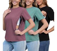 Love2Mi Set of 3 Nursing Shirts with Hidden Zip Breastfeeding Opening Short Maternity Top Breastfeeding T-Shirt for Pregnant Women, Mottled green/wine red mottled/black, M