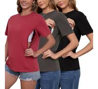 Love2Mi Set of 3 Nursing Shirts with Hidden Zip Breastfeeding Opening Short Maternity Top Breastfeeding T-Shirt for Pregnant Women, Black/Anthracite/Red Wood, M