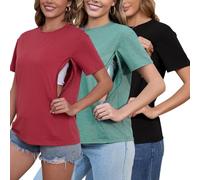 Love2Mi Set of 3 Nursing Shirts with Hidden Zip Breastfeeding Opening Short Maternity Top Breastfeeding T-Shirt for Pregnant Women, Black/Heather Green/Red Wood, XXL