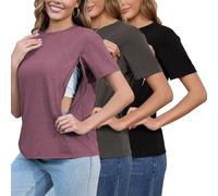 Love2Mi Set of 3 Nursing Shirts with Hidden Zip Breastfeeding Opening Short Maternity Top Breastfeeding T-Shirt for Pregnant Women, Black + heather wine red + anthracite, XL