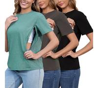 Love2Mi Set of 3 Nursing Shirts with Hidden Zip Breastfeeding Opening Short Maternity Top Breastfeeding T-Shirt for Pregnant Women, Black/Anthracite/Heather Green, S