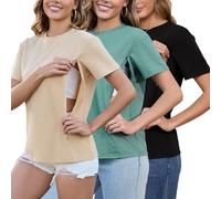 Love2Mi Set of 3 Nursing Shirts with Hidden Zip Breastfeeding Opening Short Maternity Top Breastfeeding T-Shirt for Pregnant Women, Black/Heather Green/Yellow, XL