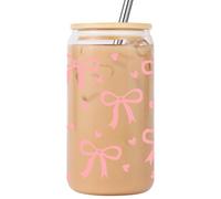Lovearth Coquette Aesthetic Glass Cup, Pink Bow, Glass Tumbler w/Lid & Straw, 16 oz Iced Coffee Cup, Cute Christmas, Birthday Gifts for Women, Mom, Teen Girl, Girlfriend, Friend, Coworker, Her