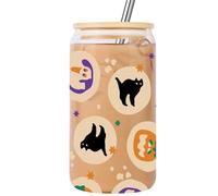 Lovearth Cute Halloween Cookies Glass Cup with Lid & Straw, Fall Iced Coffee Cup, Halloween Pumpkin & Ghost Glass Tumbler 16 oz, Spooky Gifts, Boo Basket Stuffers for Women, Men, Adults, Teen Girls