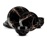 LOVECASA 12 Piece Ceramic Dinner Set for 4, Black and Gold, Microwave Safe | Crockery Set for 4, Include 4 Dinner Plates, 4 Dessert Plates and 4 Cereal Bowls, Marble Stoneware Dinnerware Set, Black