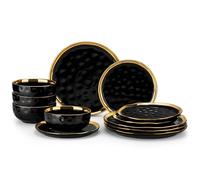LOVECASA 12 Pieces Plates and Bowls Sets, Porcelain Black and Gold Dinnerware Sets, Round Dinner Plates Dishes Set Service for 4, Dishwasher Safe and Scratch Resistant, Black and Gold