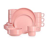 LOVECASA 16 Pieces Dinnerware Set, Porcelain Dinner Sets, 16-Piece Dishes Dinner Sets, Dinner Plates, Dessert Plates, Bowls and Mugs, Service for 4, Pink