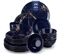 Lovecasa 24 Pieces Dinner Sets, Blue & Gold Reactive Glazed Dinner Set with Cereal Bowls, Dinner Plates, Dessert Plates and Coffee Mug, Perfect Dinner Party, Housewarming, Kitchen Home Decor Gifts