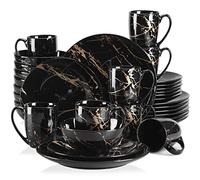 LOVECASA 'Daphne', 32 Pieces Porcelain Dinner Set Color Glaze with Gold Plate Crockery Set Kitchen Dinnerware Set with Dinner Plates, Dessert Plate, Bowls and Mugs, Service for 8, Black